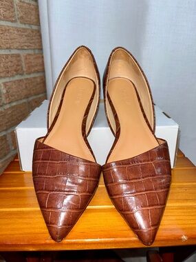 J.Crew Brown Croc Embossed D’Orsay Flats Womens Size 7 Pointed Toe